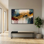Promised Deliverance, Proverbs 11:21 canvas print above a bench in an entryway, beside a fiddle-leaf fig