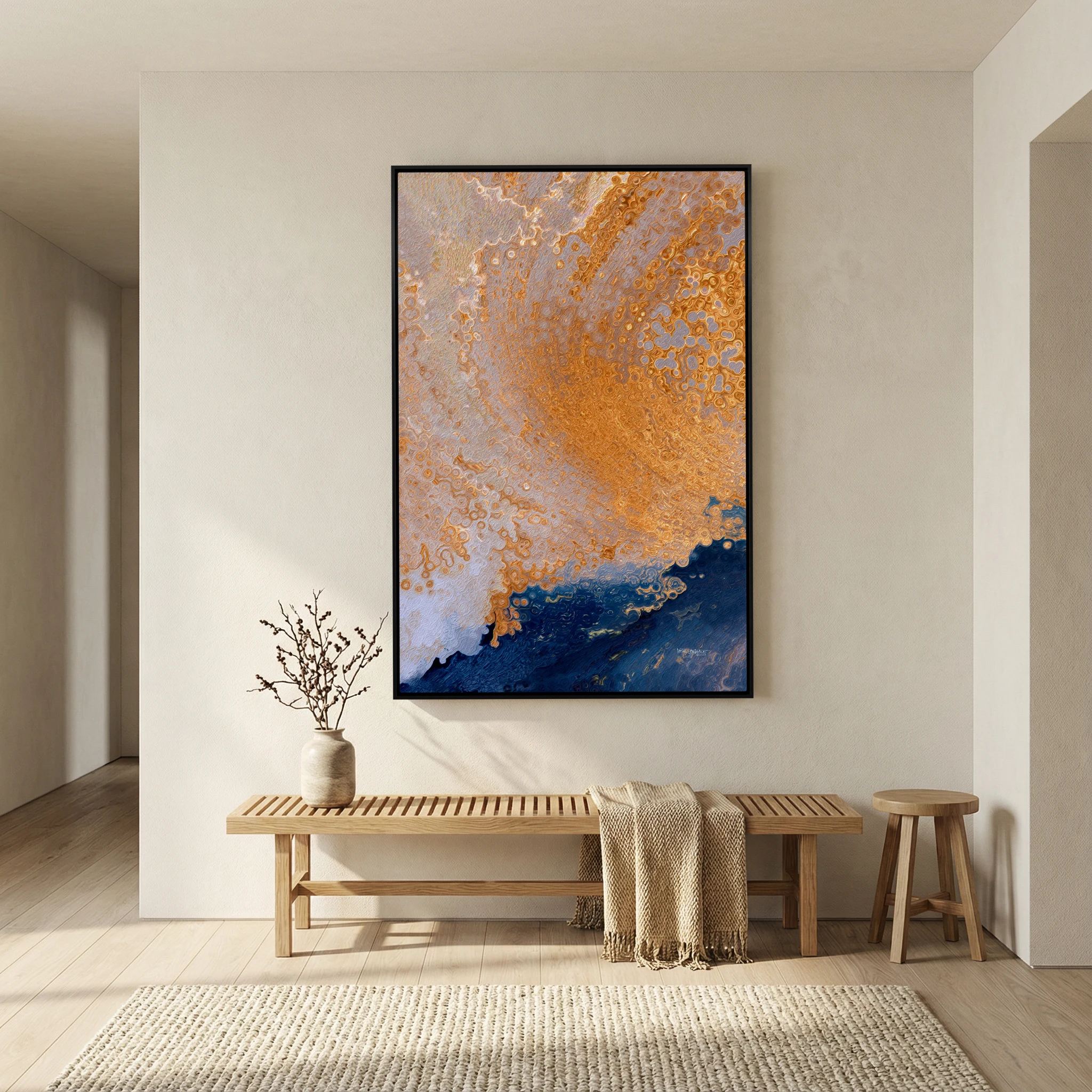 Joy in Believing, 1 Peter 1:8 canvas print above a bench in a hallway