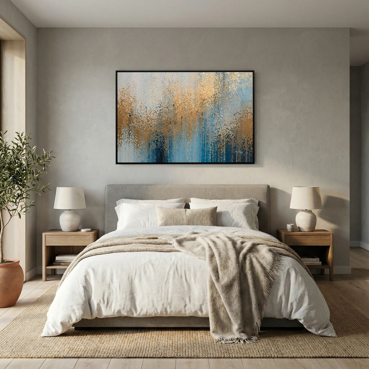 Glory Unveiled, Revelation 21:23 canvas print above the bed in a bedroom