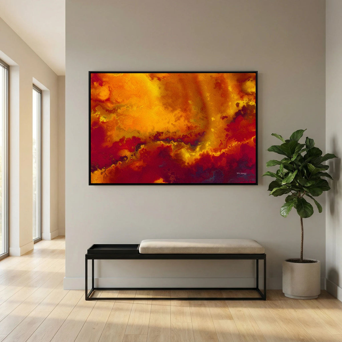 He Delivers And Rescues, Daniel 6:27 canvas print above a bench in an entryway, beside a fiddle-leaf fig