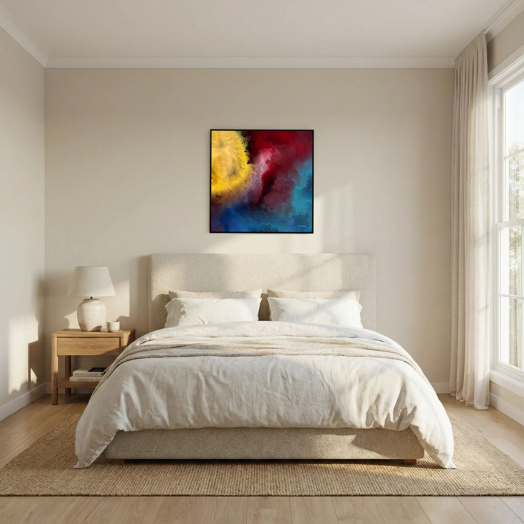 Let There Be Light, Genesis 1:3 canvas print above the bed in a bedroom