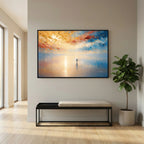 It Is I, Matthew 14:27 canvas print above a bench in an entryway, beside a fiddle-leaf fig