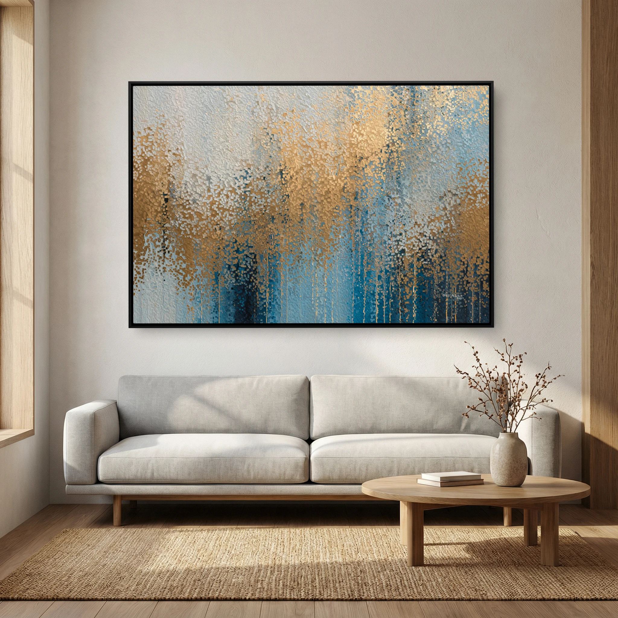 Glory Unveiled, Revelation 21:23 canvas print above a grey sofa in a living room