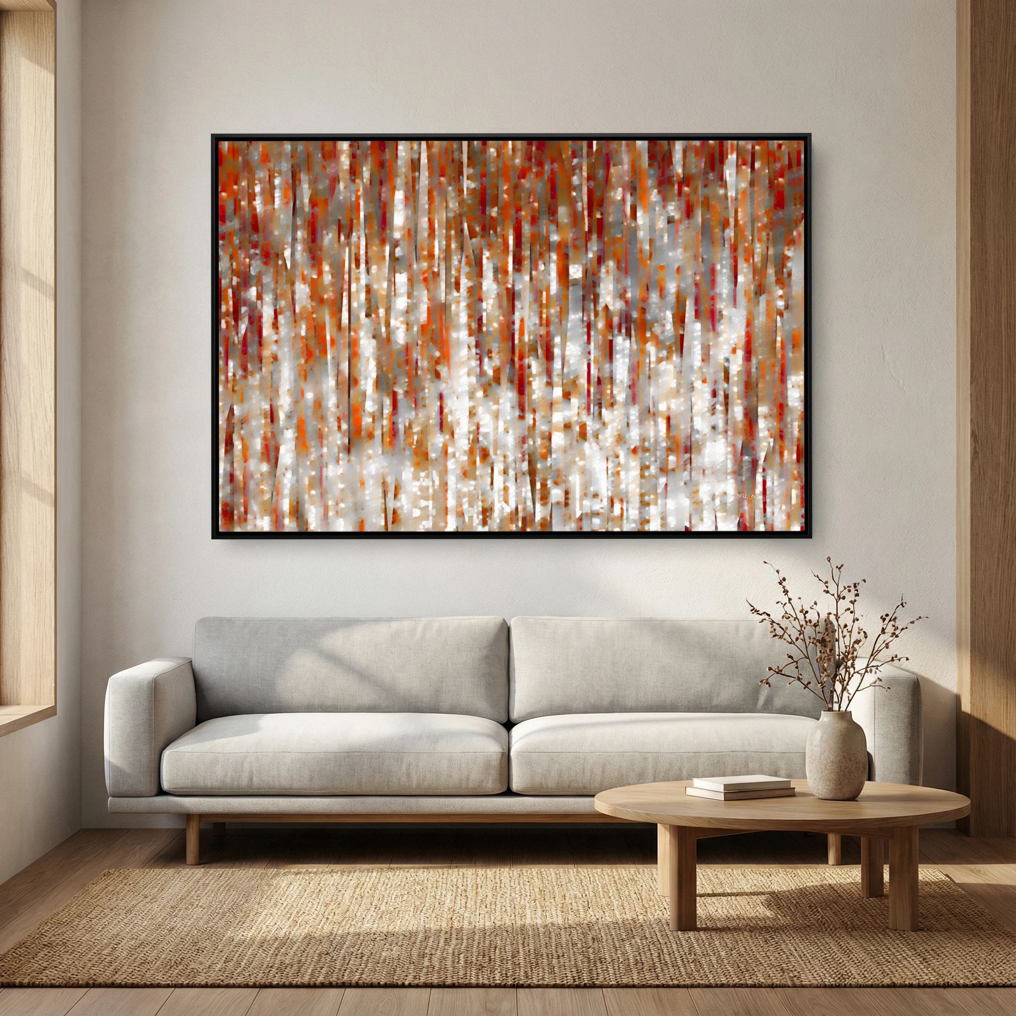 Under His Care, Isaiah 54:17 canvas print above a grey sofa in a living room