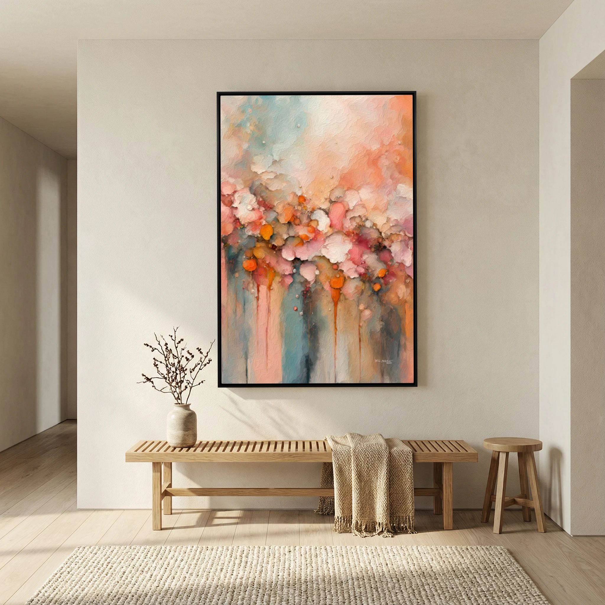 Heavenly Gathering, 1 Thessalonians 4:14 canvas print above a bench in a hallway