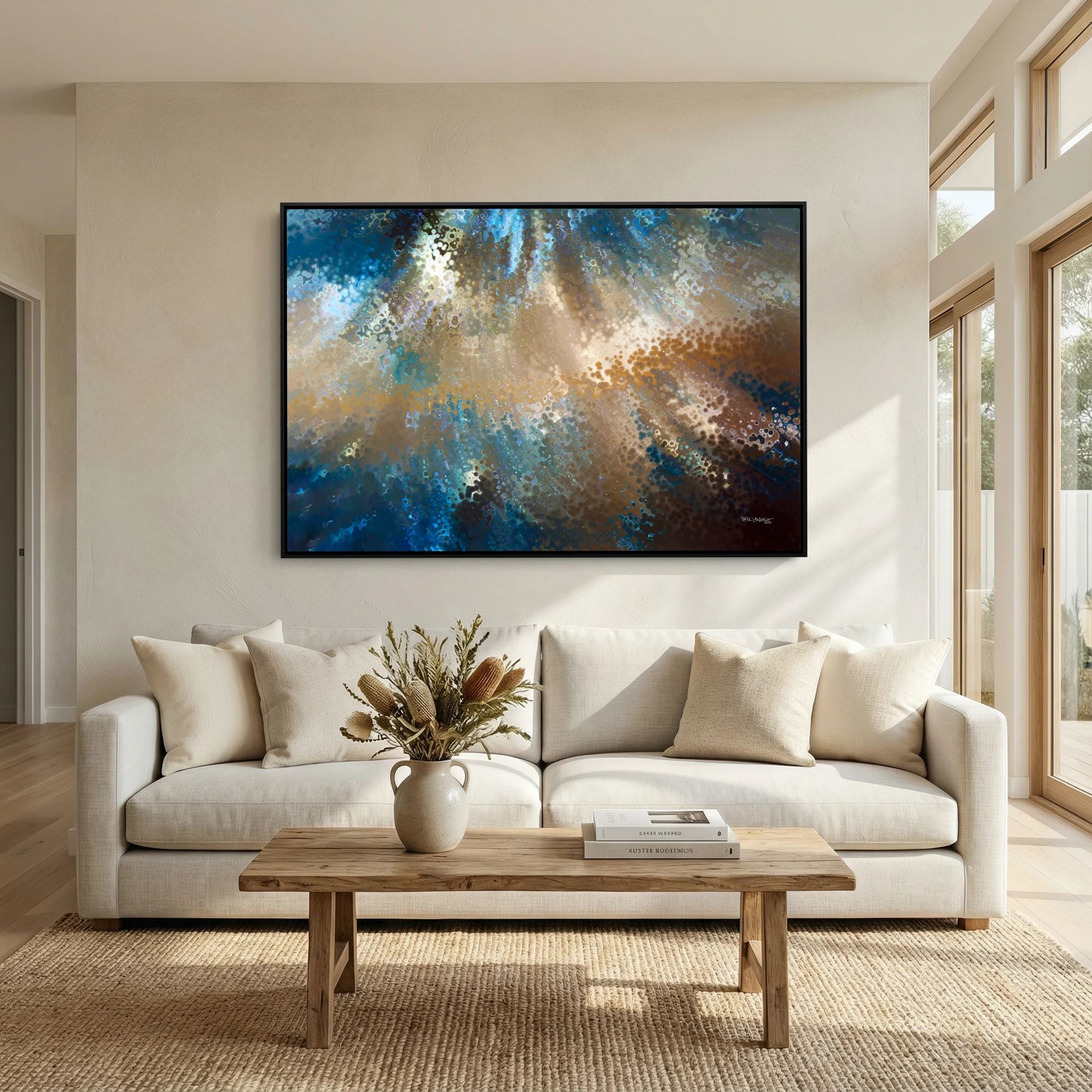 Be Fearless, 2 Timothy 1:7 canvas print above a white sofa in a bright living room