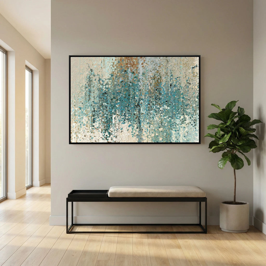 Jesus Loves You So Much, Romans 8:38 canvas print above a bench in an entryway, beside a fiddle-leaf fig