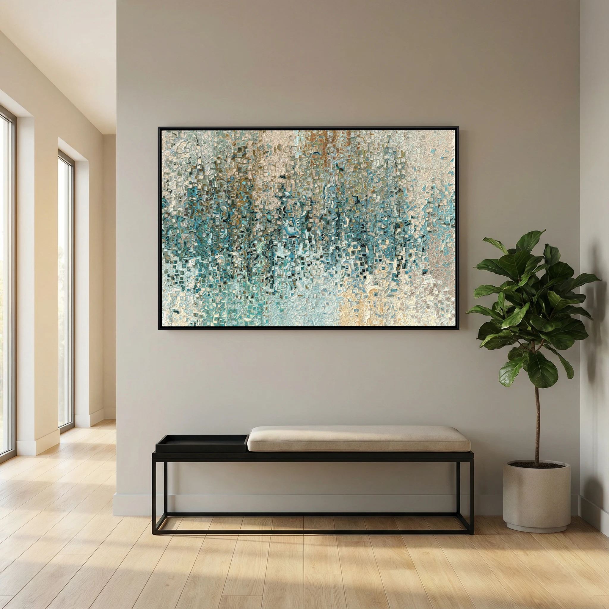 Revealed In Jesus, Romans 8:39 canvas print above a bench in an entryway, beside a fiddle-leaf fig