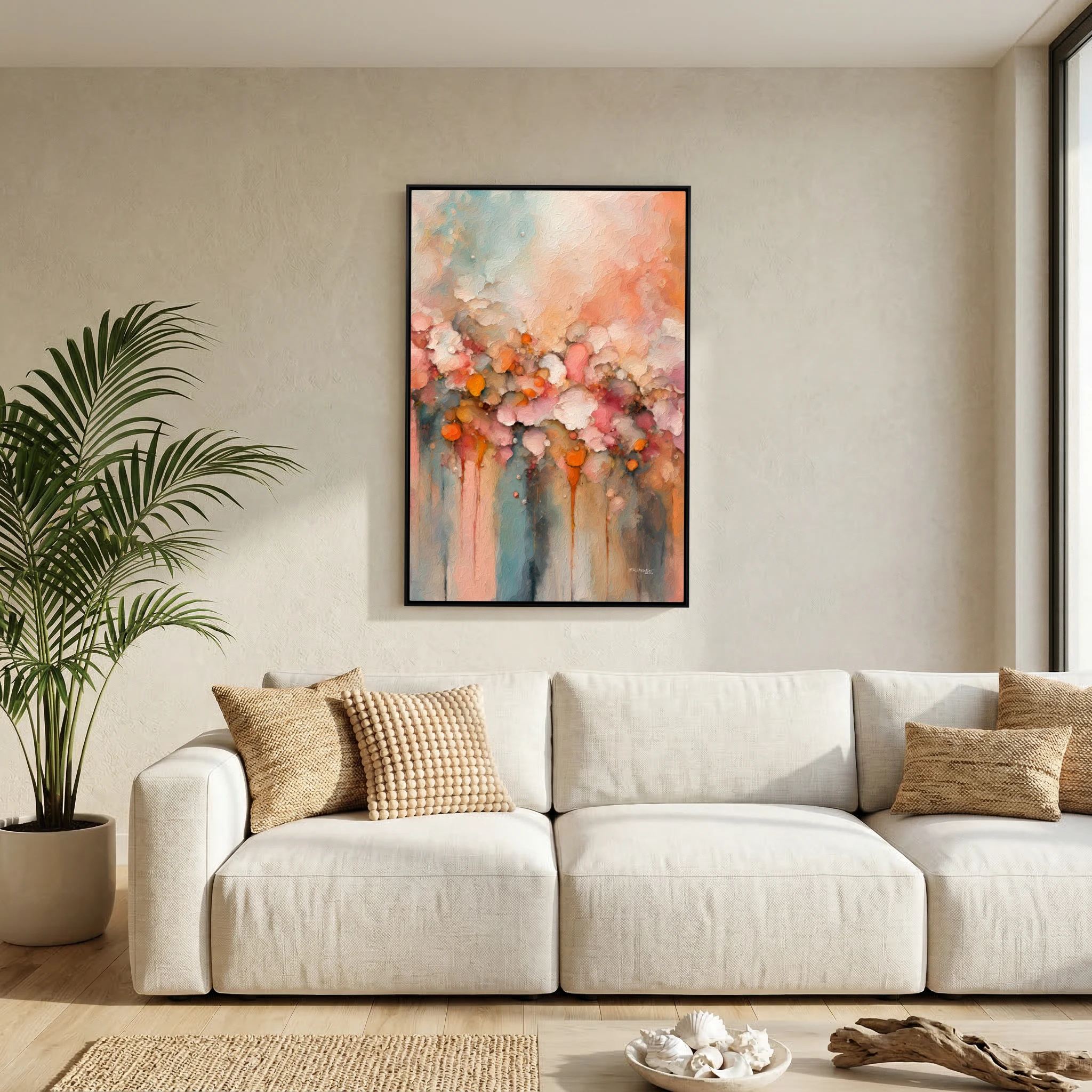 Heavenly Gathering, 1 Thessalonians 4:14 canvas print above a sofa in a living room