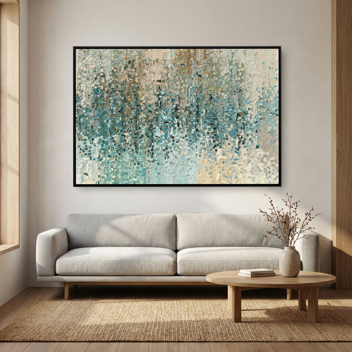 Revealed In Jesus, Romans 8:39 canvas print above a grey sofa in a living room