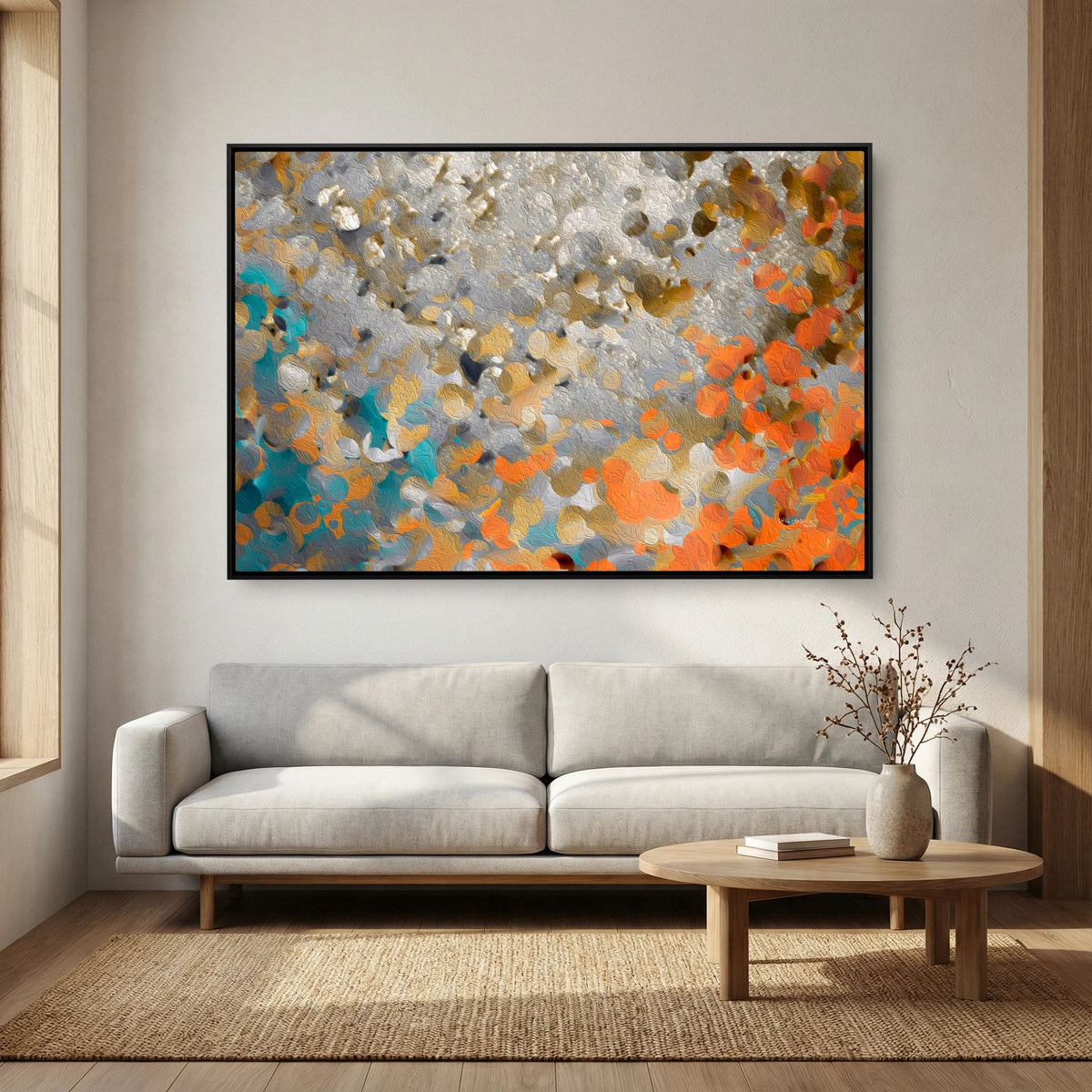 Discover Your Inner Gift, 1 Peter 4:10 canvas print above a grey sofa in a living room