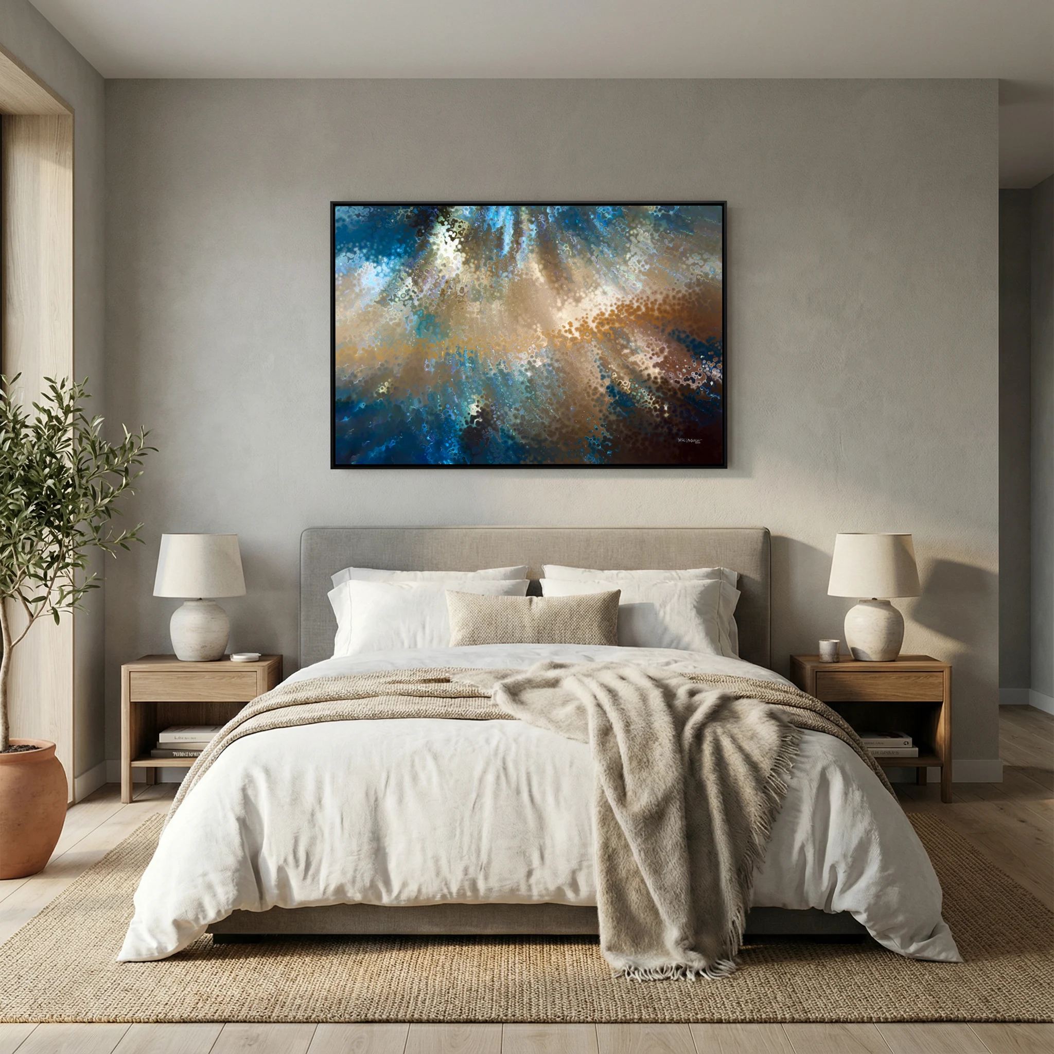 Be Fearless, 2 Timothy 1:7 canvas print above the bed in a bedroom