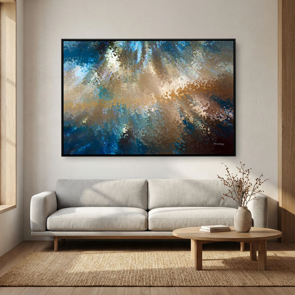 Be Fearless, 2 Timothy 1:7 canvas print above a grey sofa in a living room