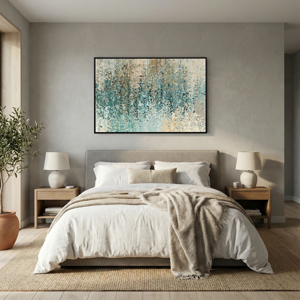 Revealed In Jesus, Romans 8:39 canvas print above the bed in a bedroom