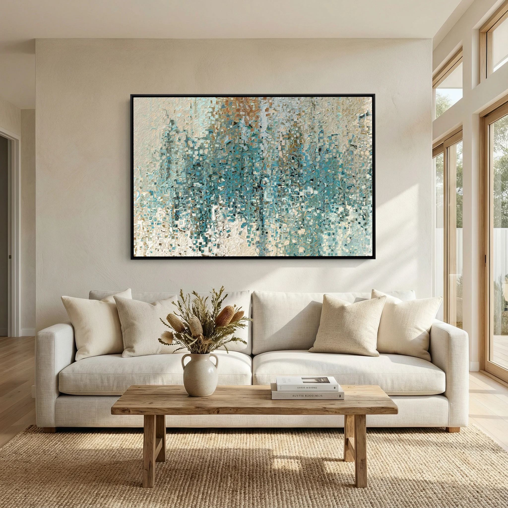 Jesus Loves You So Much, Romans 8:38 canvas print above a white sofa in a bright living room
