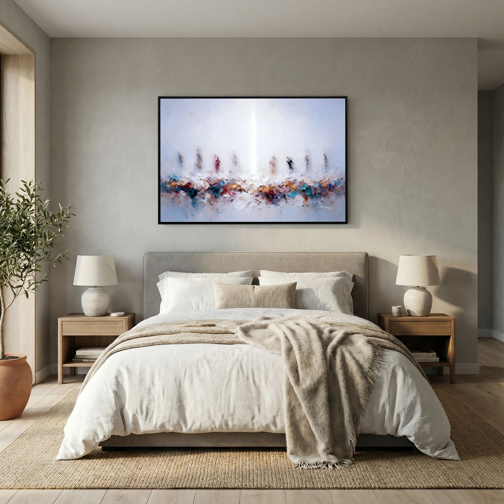 In Remembrance of Me, Luke 22:19 canvas print above the bed in a bedroom
