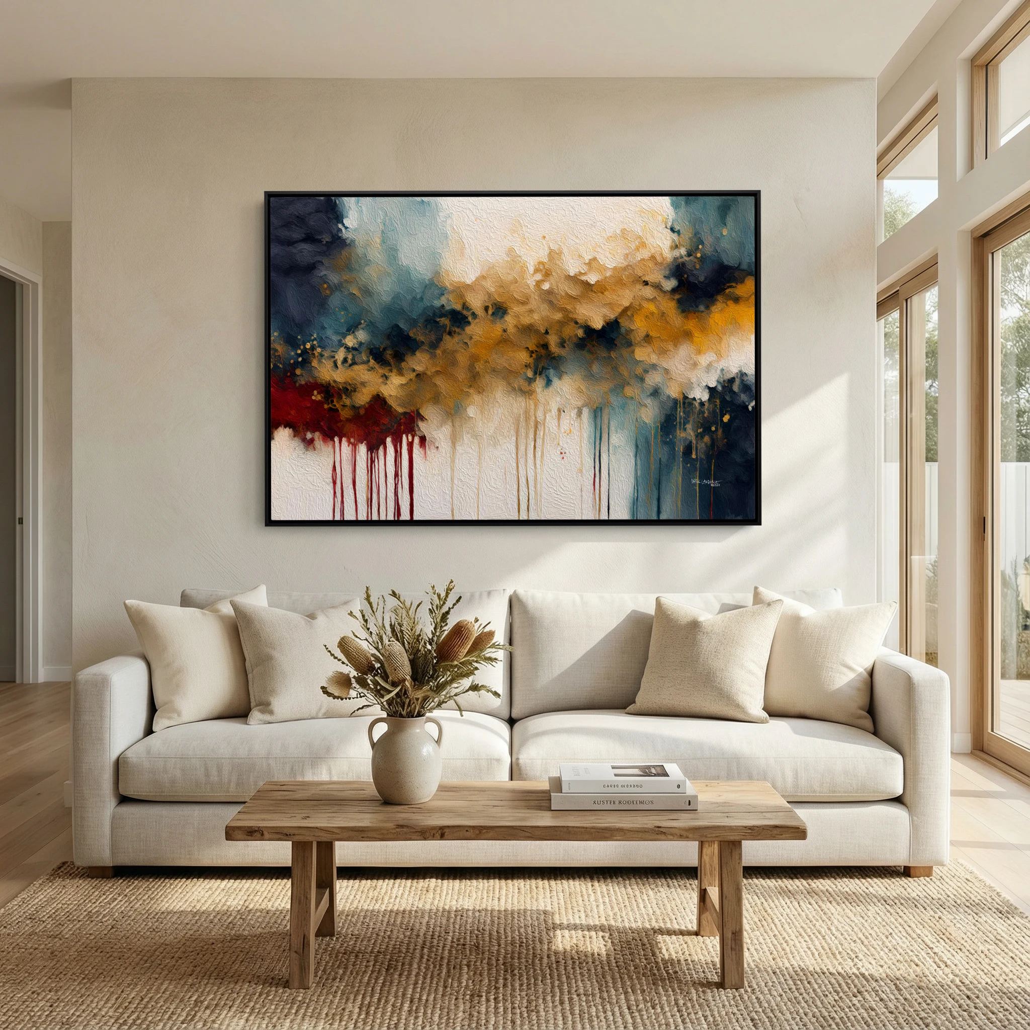 Promised Deliverance, Proverbs 11:21 canvas print above a white sofa in a bright living room