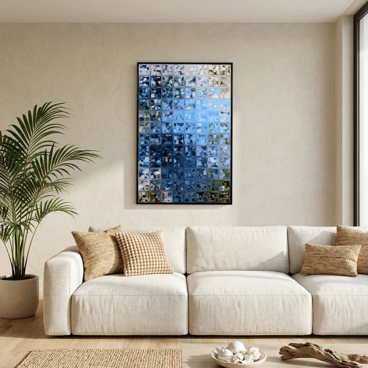 Window of Light, Matthew 6:22 canvas print above a sofa in a living room