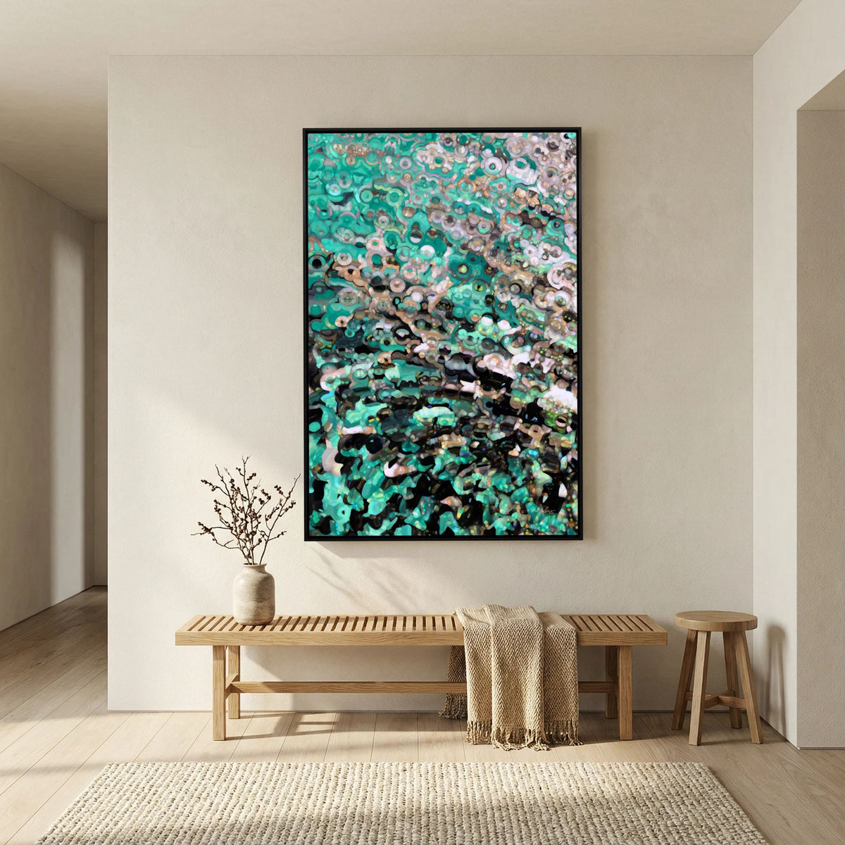 The Problem Or The Promises, 2 Peter 1:4 canvas print above a bench in a hallway