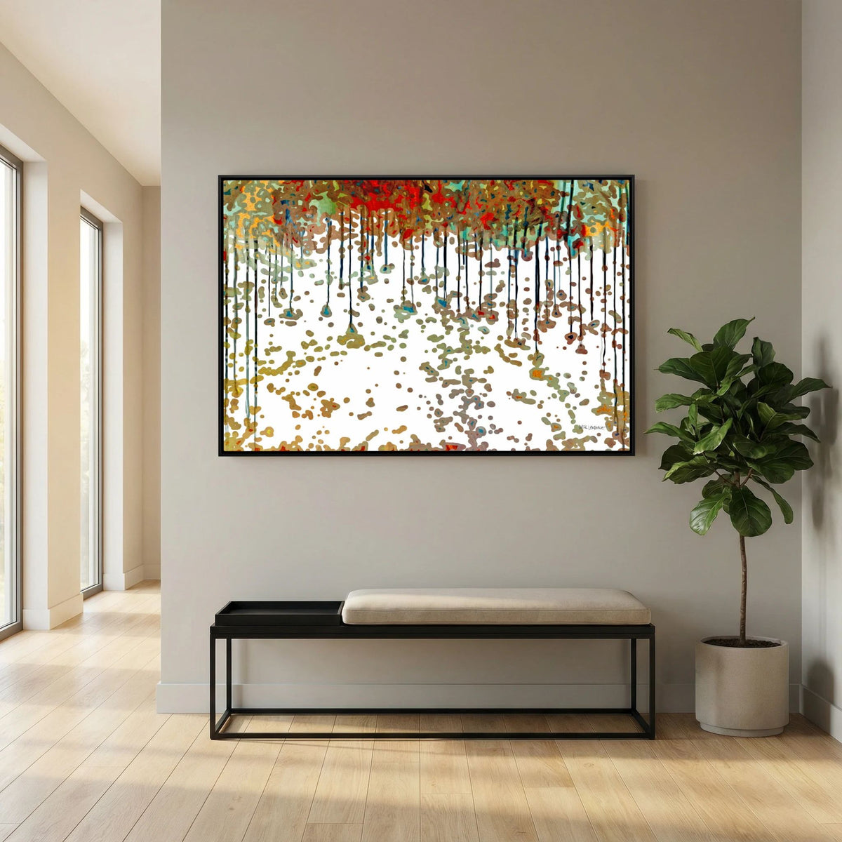 Bread From Heaven, Exodus 16:4 canvas print above a bench in an entryway, beside a fiddle-leaf fig