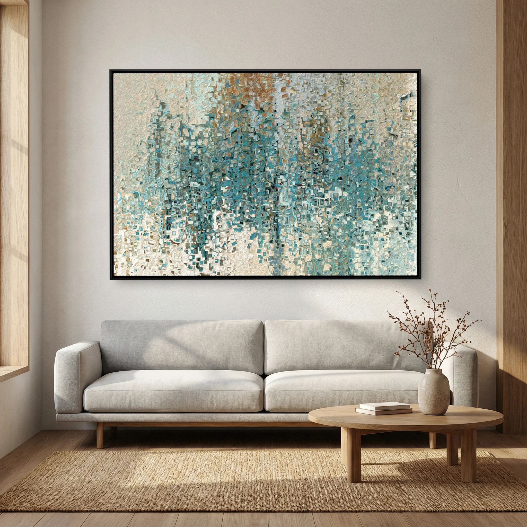 Jesus Loves You So Much, Romans 8:38 canvas print above a grey sofa in a living room