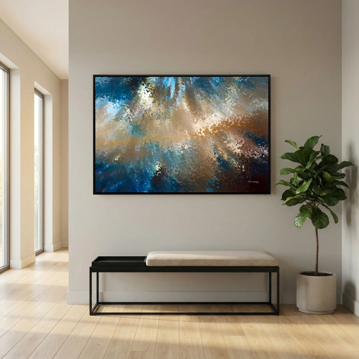 Be Fearless, 2 Timothy 1:7 canvas print above a bench in an entryway, beside a fiddle-leaf fig