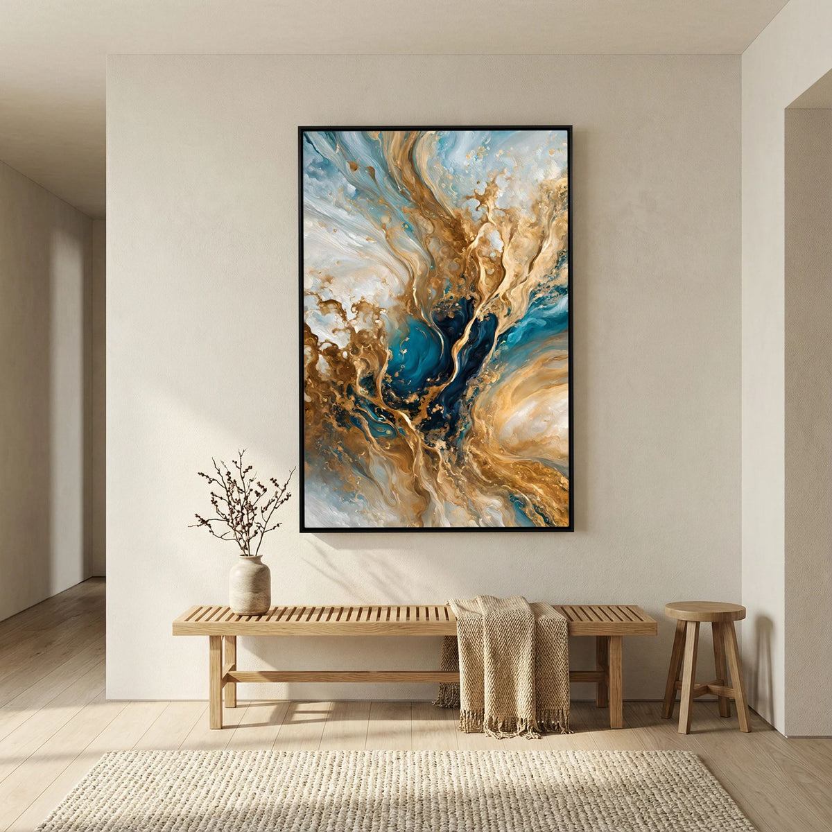 Celestial Vision, Matthew 3:16 canvas print above a bench in a hallway