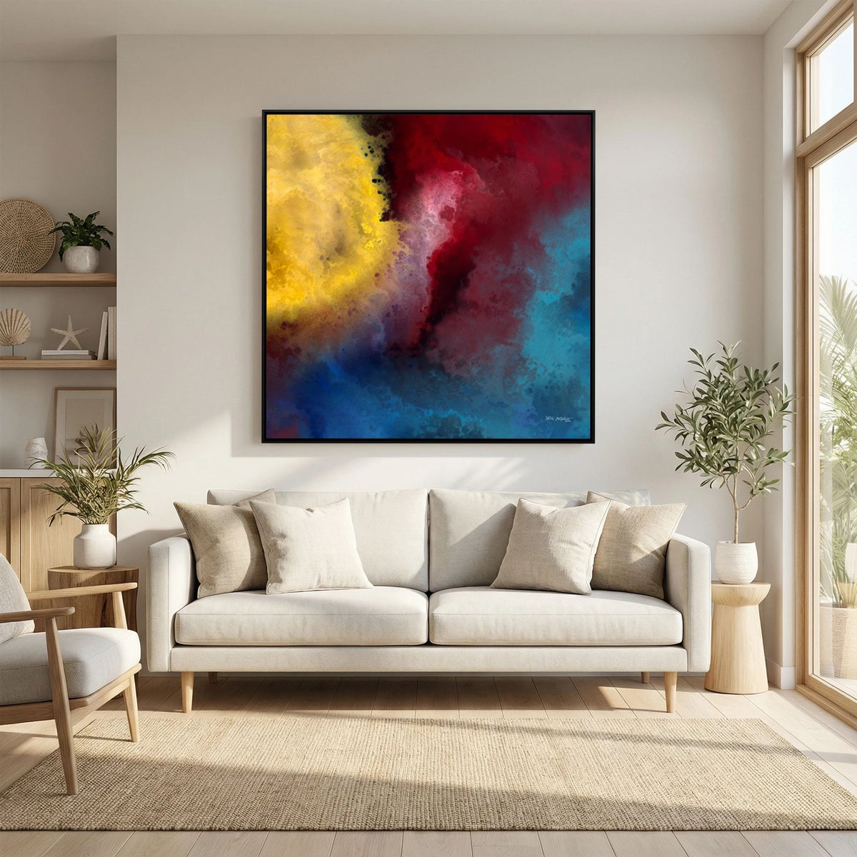 Let There Be Light, Genesis 1:3 canvas print above a sofa in a living room