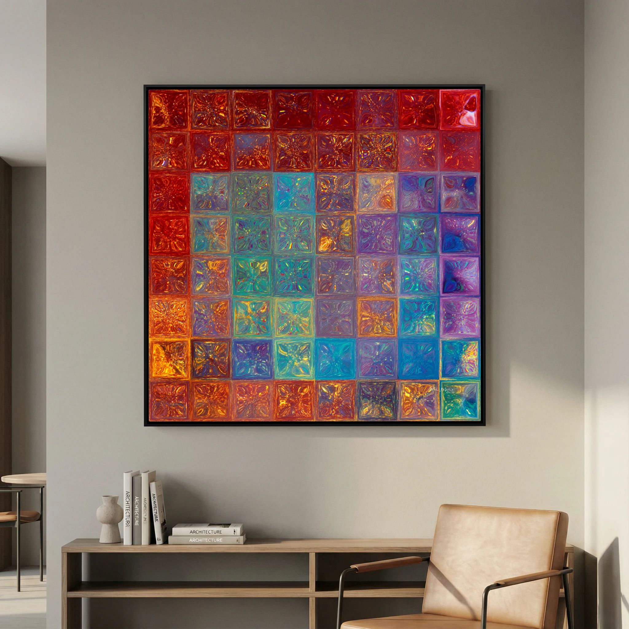 Surrounded By Love, Psalm 32:10 canvas print above a sideboard in a reading corner